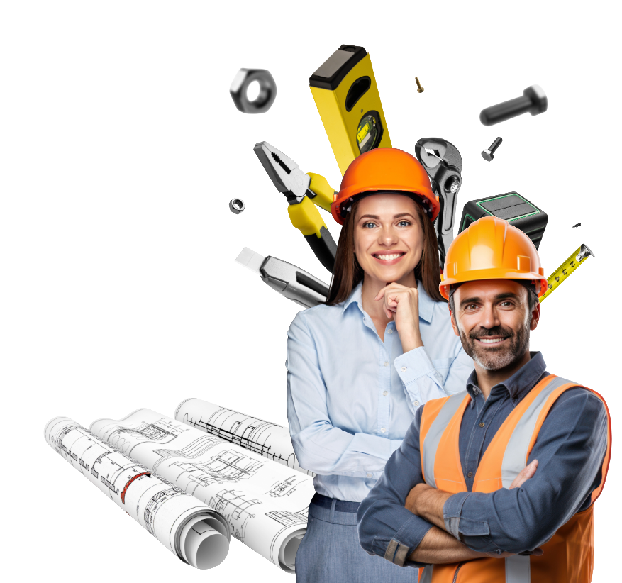Engenheira e engenheiro com ferramentas e projetos